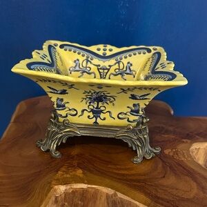 Asian Style Yellow & Blue Decorative Planter/Dish - Heavy Metal Decorative Base